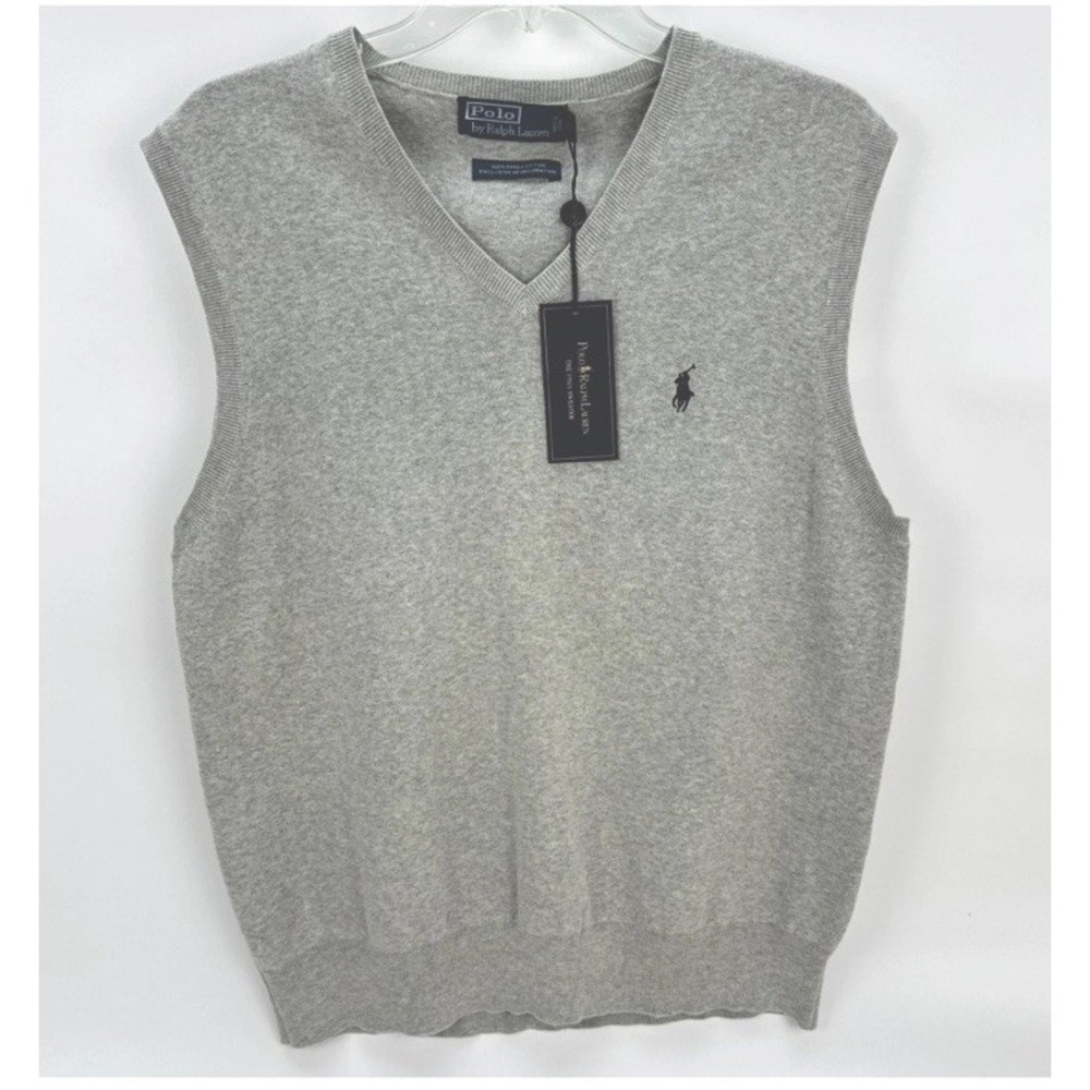 Polo Ralph Lauren Men Knit Sweater Vest Large Pima Cotton Gray V-Neck Pony New